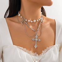 Thumbnail for Gothic Layered Cross Star Pendant Pearl Chain Choker Necklace - ArtGalleryZen