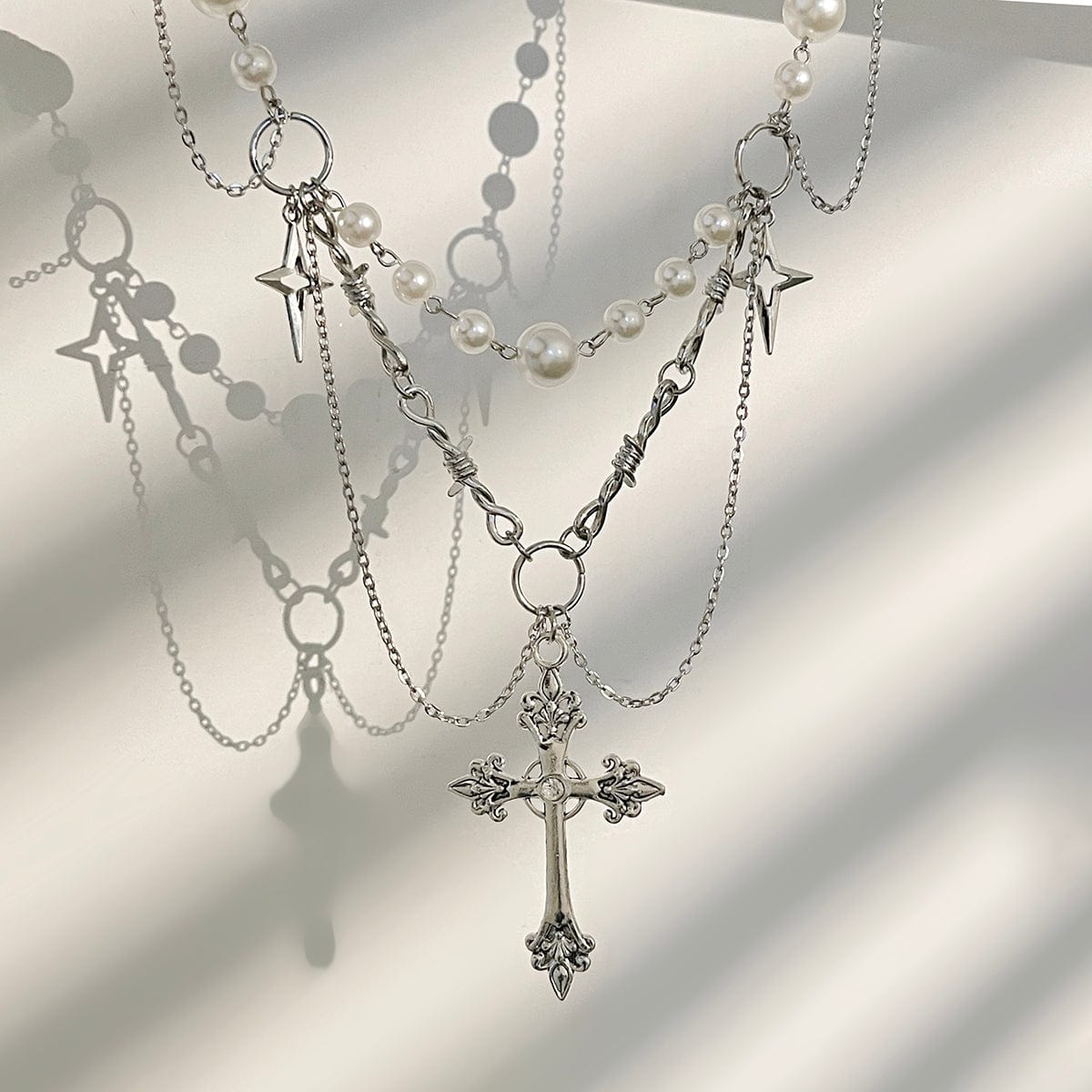Gothic Layered Cross Star Pendant Pearl Chain Choker Necklace - ArtGalleryZen