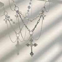 Thumbnail for Gothic Layered Cross Star Pendant Pearl Chain Choker Necklace - ArtGalleryZen