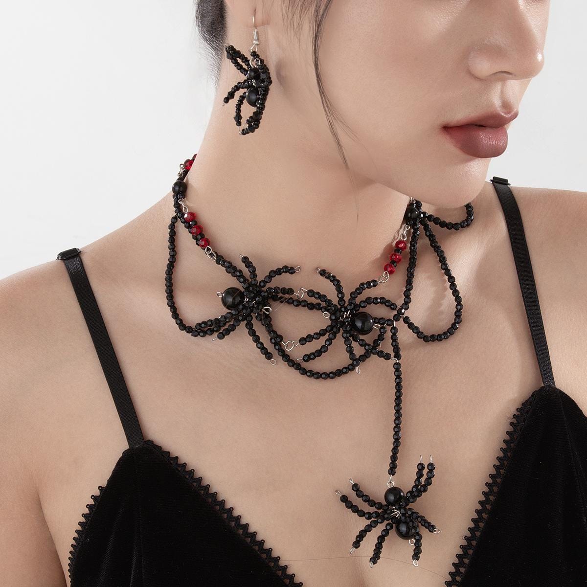 Gothic Layered Crystal Beaded Spider Necklace Earrings