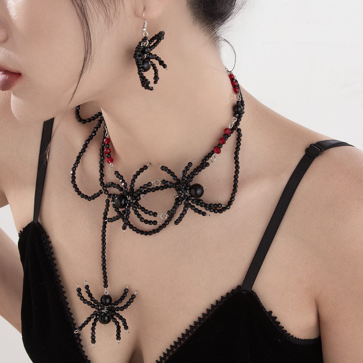 Gothic Layered Crystal Beaded Spider Necklace Earrings