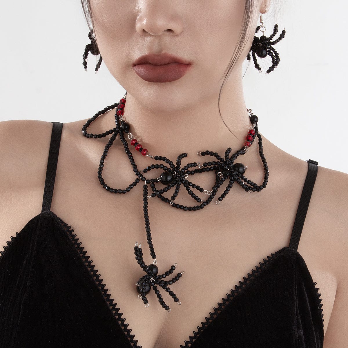 Gothic Layered Crystal Beaded Spider Necklace Earrings