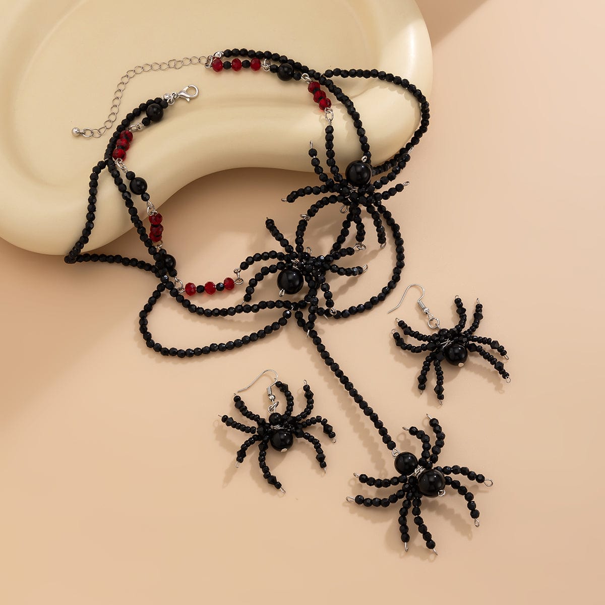 Gothic Layered Crystal Beaded Spider Necklace Earrings