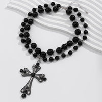 Thumbnail for Gothic Layered Crystal Inlay Cross Pendant Pearl Chain Choker Necklace - ArtGalleryZen