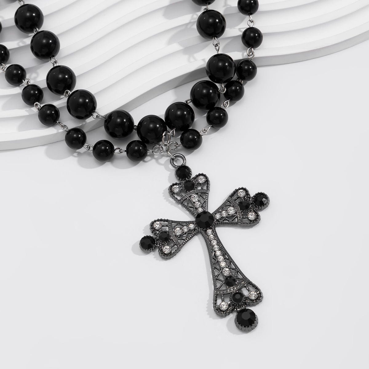 Gothic Layered Crystal Inlay Cross Pendant Pearl Chain Choker Necklace - ArtGalleryZen
