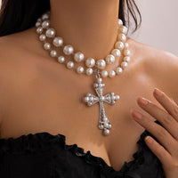 Thumbnail for Gothic Layered Crystal Inlay Cross Pendant Pearl Chain Choker Necklace