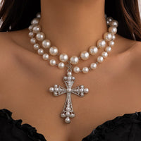 Thumbnail for Gothic Layered Crystal Inlay Cross Pendant Pearl Chain Choker Necklace