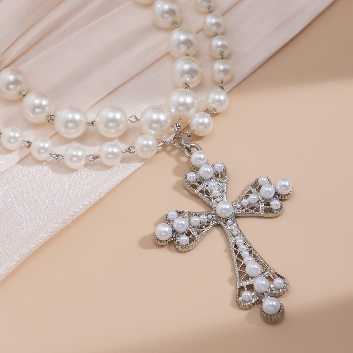 Gothic Layered Crystal Inlay Cross Pendant Pearl Chain Choker Necklace