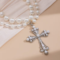 Thumbnail for Gothic Layered Crystal Inlay Cross Pendant Pearl Chain Choker Necklace