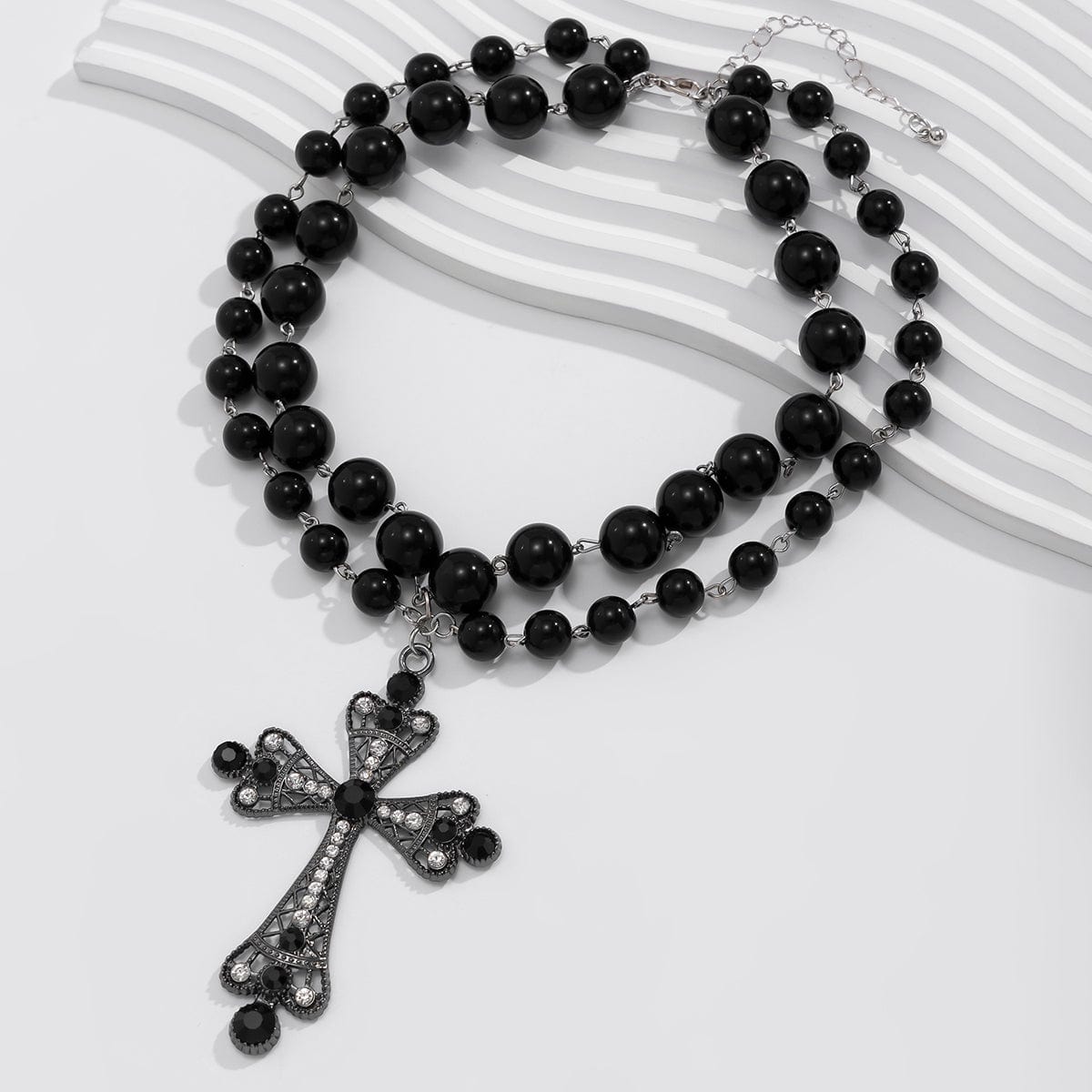 Gothic Layered Crystal Inlay Cross Pendant Pearl Chain Choker Necklace