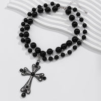 Thumbnail for Gothic Layered Crystal Inlay Cross Pendant Pearl Chain Choker Necklace