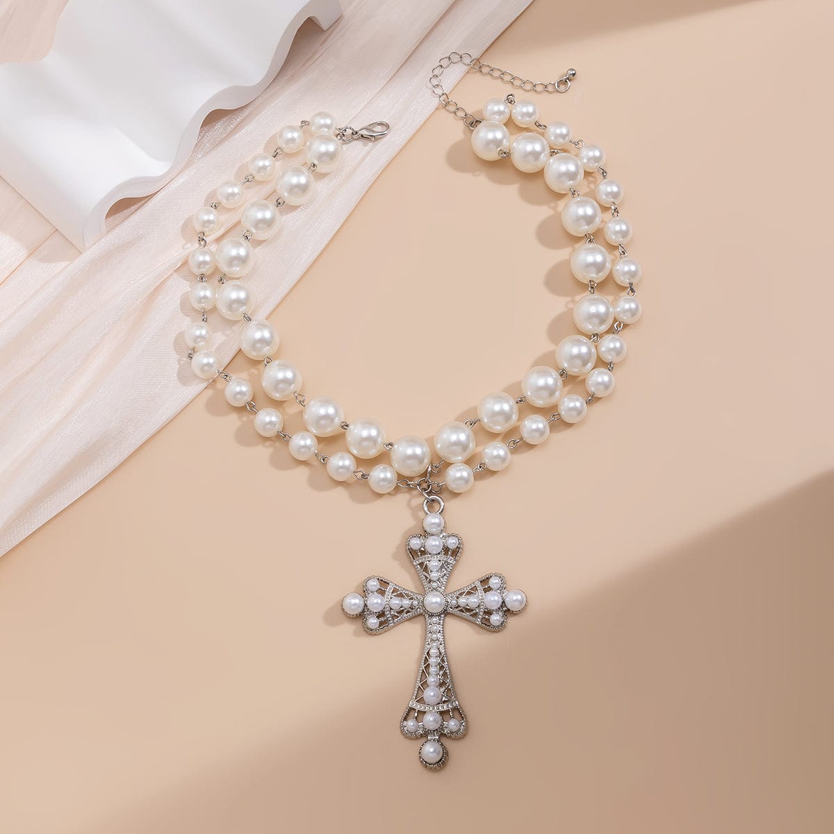 Gothic Layered Crystal Inlay Cross Pendant Pearl Chain Choker Necklace