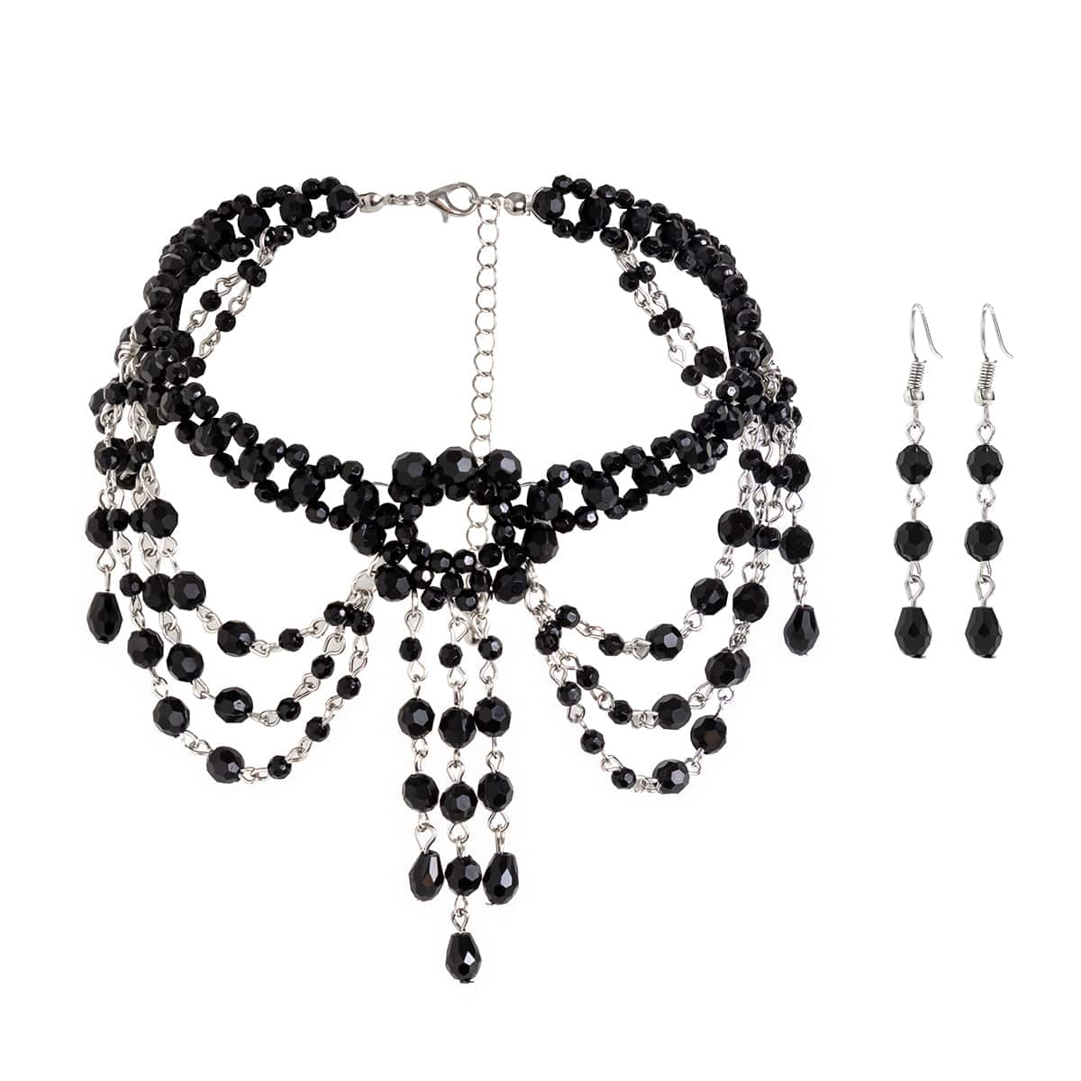 Gothic Layered Crystal Tassel Earrings Necklace Set