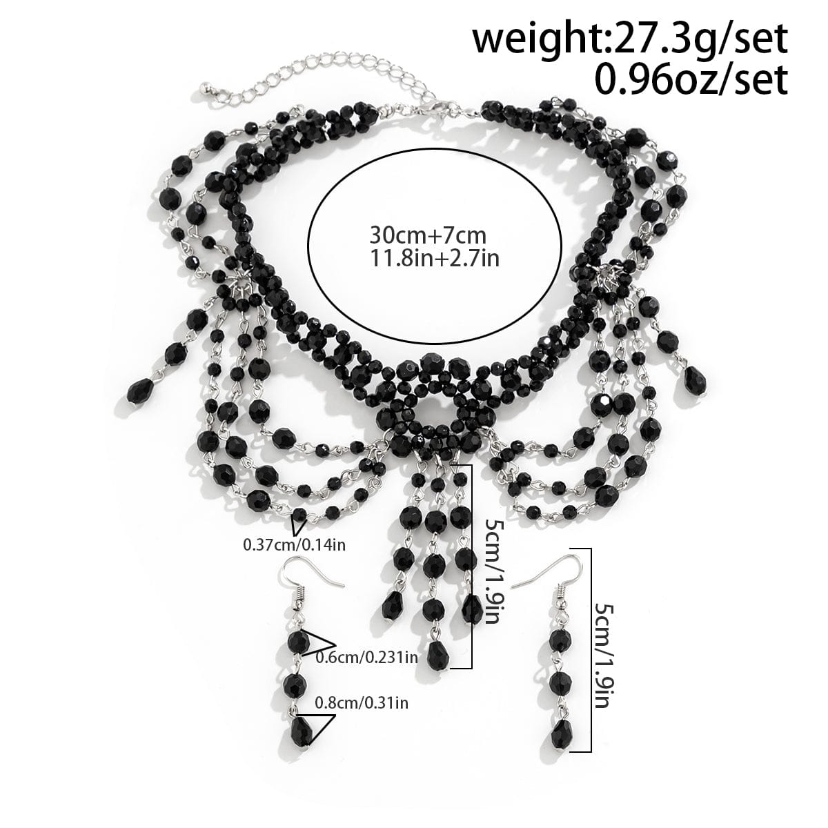 Gothic Layered Crystal Tassel Earrings Necklace Set