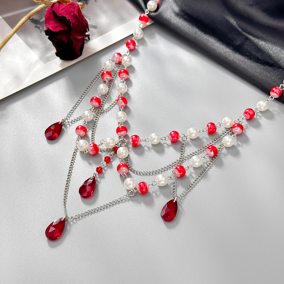 Gothic Layered Crystal Tassel Dripping Blood Pearl Chain Choker Necklace - ArtGalleryZen