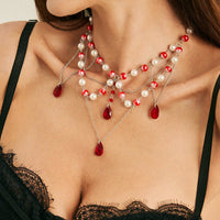Thumbnail for Gothic Layered Crystal Tassel Dripping Blood Pearl Chain Choker Necklace - ArtGalleryZen