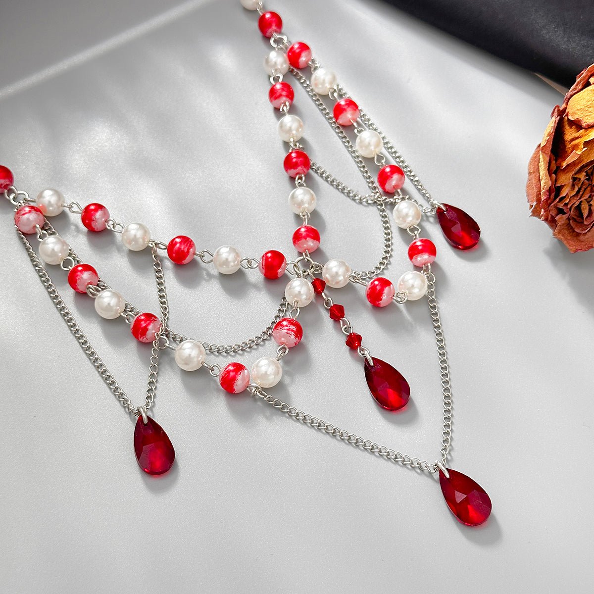 Gothic Layered Crystal Tassel Dripping Blood Pearl Chain Choker Necklace - ArtGalleryZen