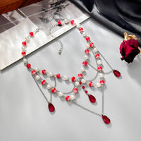 Thumbnail for Gothic Layered Crystal Tassel Dripping Blood Pearl Chain Choker Necklace - ArtGalleryZen