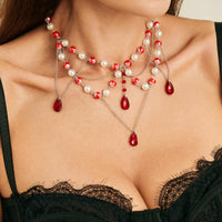 Thumbnail for Gothic Layered Crystal Tassel Dripping Blood Pearl Chain Choker Necklace - ArtGalleryZen