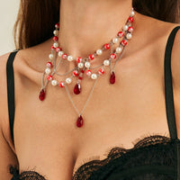 Thumbnail for Gothic Layered Crystal Tassel Dripping Blood Pearl Chain Choker Necklace - ArtGalleryZen