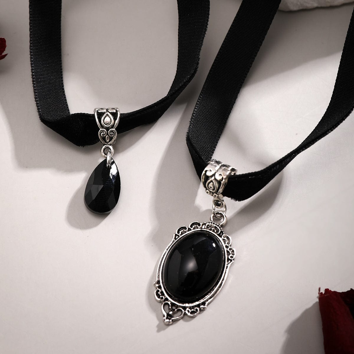 Gothic Layered Crystal Waterdrop Oval Pendant Velvet Necklace Set - ArtGalleryZen