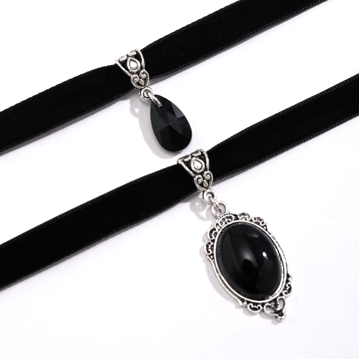 Gothic Layered Crystal Waterdrop Oval Pendant Velvet Necklace Set - ArtGalleryZen