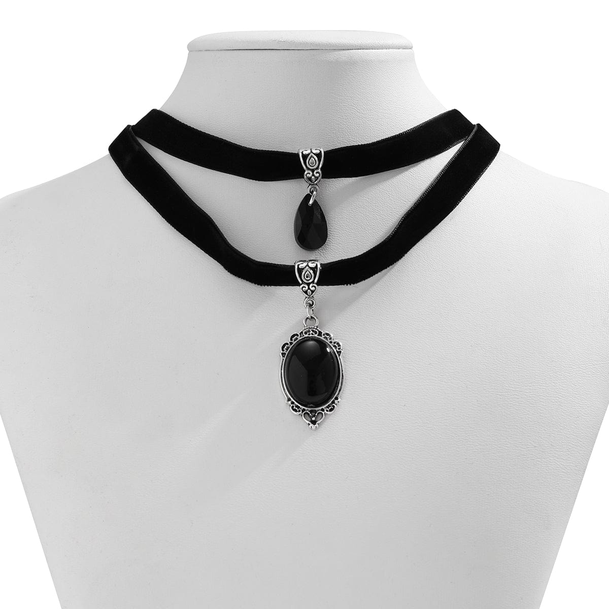 Gothic Layered Crystal Waterdrop Oval Pendant Velvet Necklace Set - ArtGalleryZen