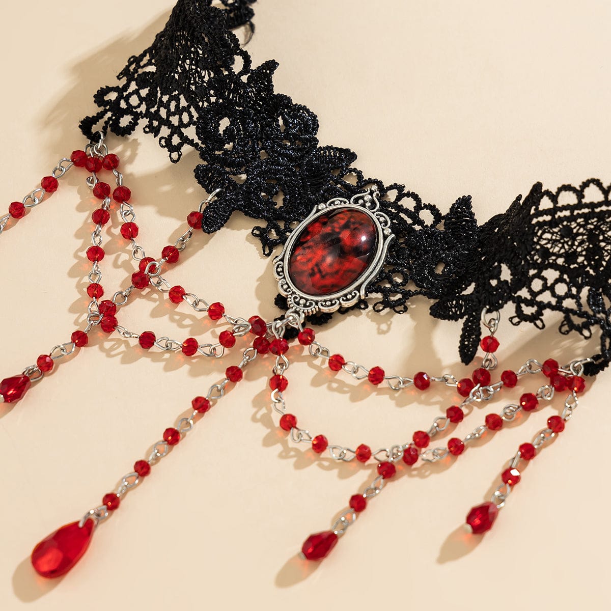 Gothic Layered Red Crystal Beaded Tassel Elastic Lace Thigh Leg Chain