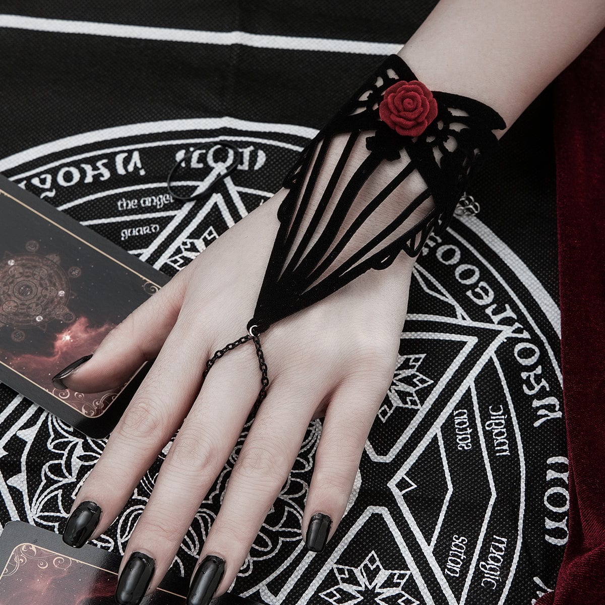 Gothic Layered Red Rose Velvet Finger Ring Bracelet