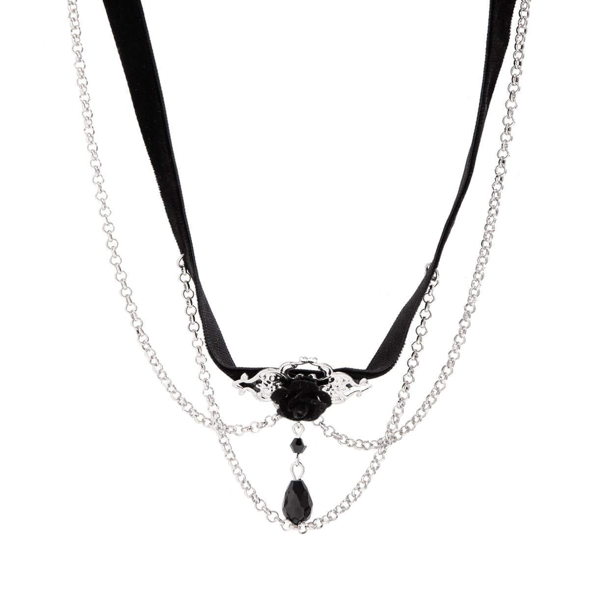 Gothic Layered Rose Rhinestone Pendant Choker Necklace - ArtGalleryZen