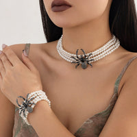 Thumbnail for Gothic Layered Spider Charm Pearl Chain Necklace Bracelet