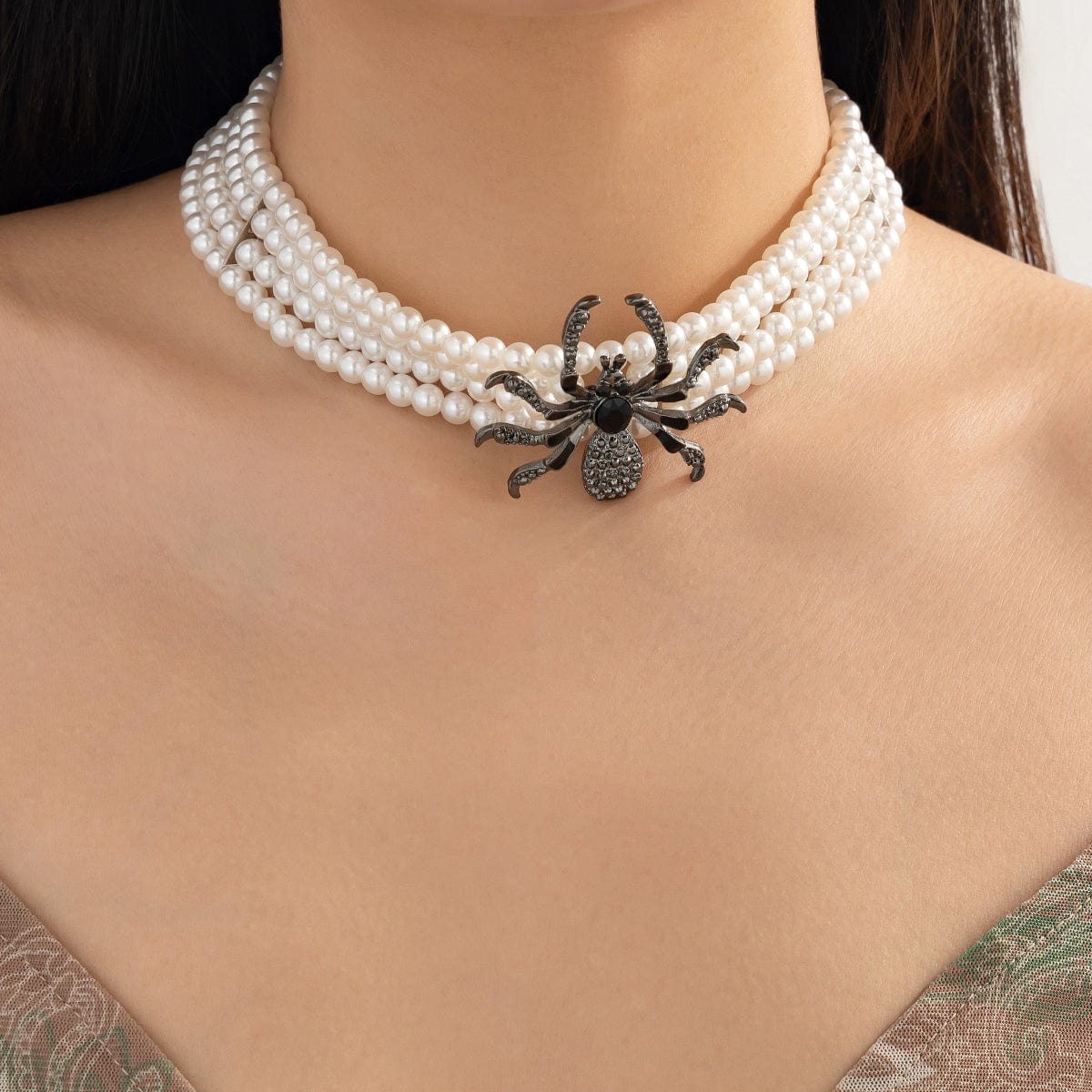 Gothic Layered Spider Charm Pearl Chain Necklace Bracelet