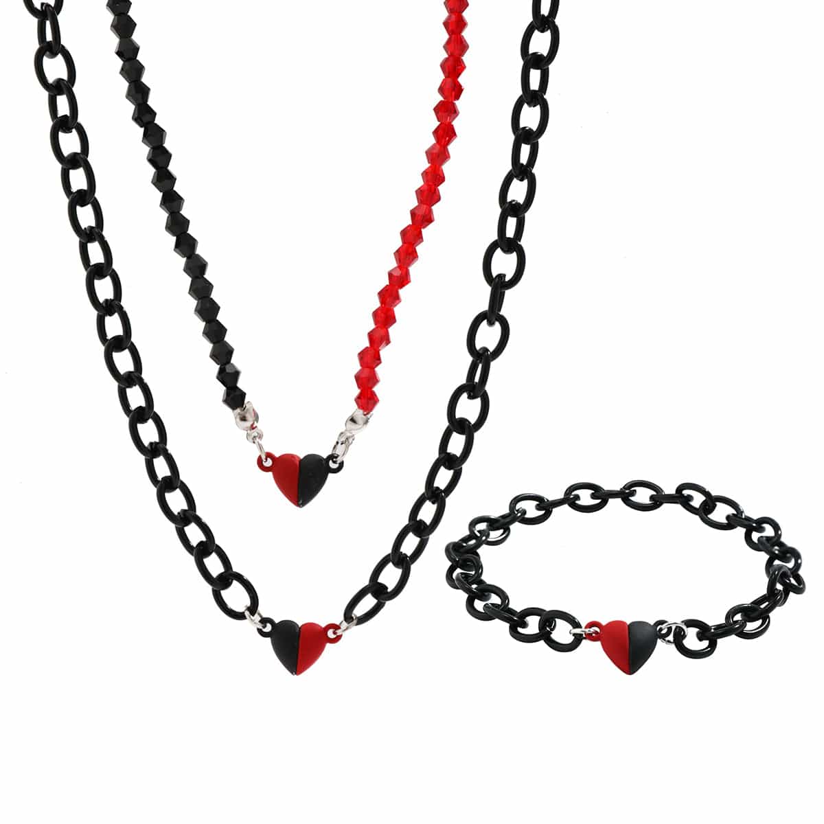 Gothic Layered Two Tone Heart Cable Chain Necklace Bracelet Set - ArtGalleryZen