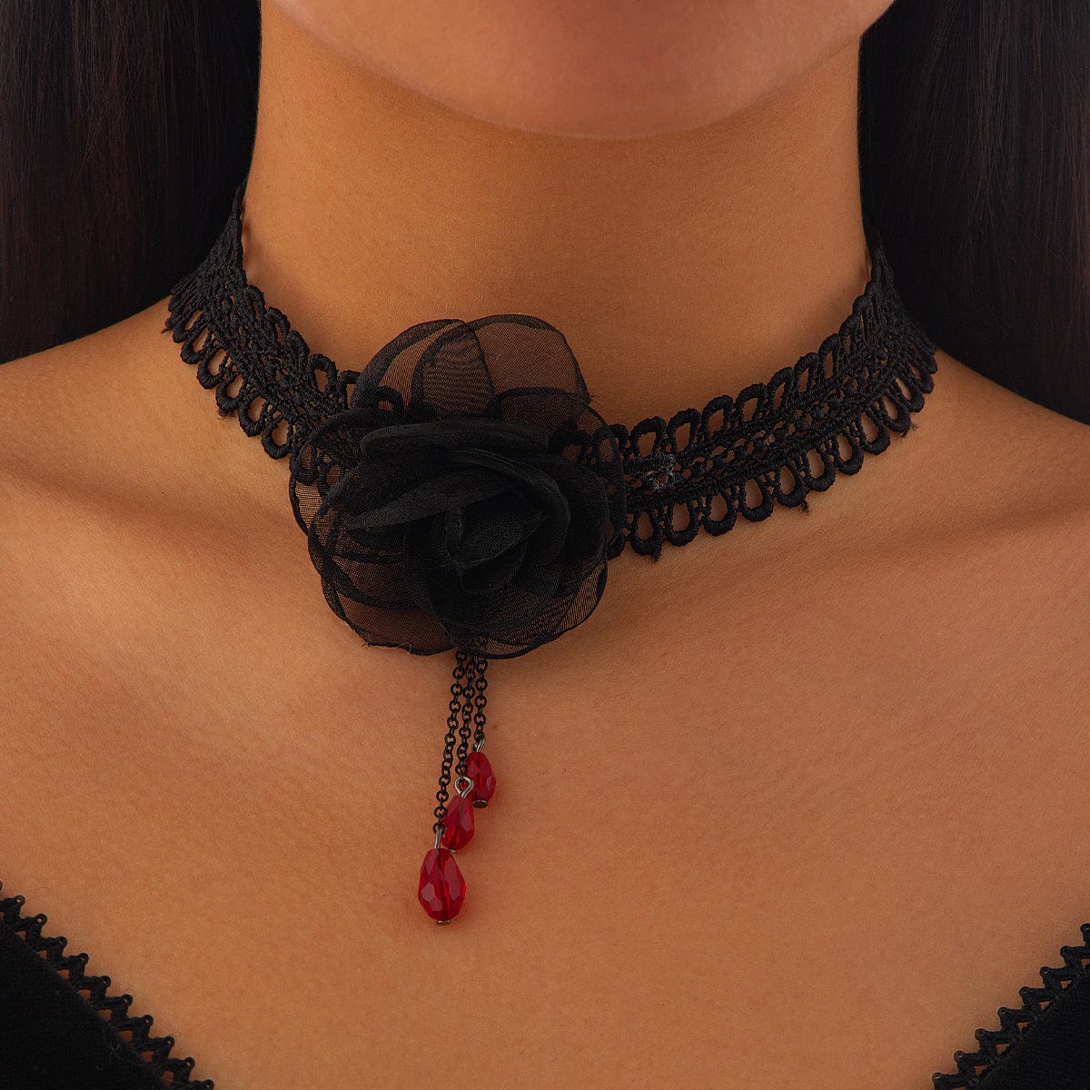 Gothic Red Crystal Tassel Rose Lace Choker Necklace