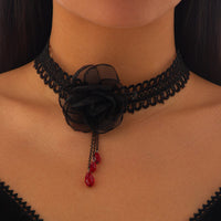 Thumbnail for Gothic Red Crystal Tassel Rose Lace Choker Necklace