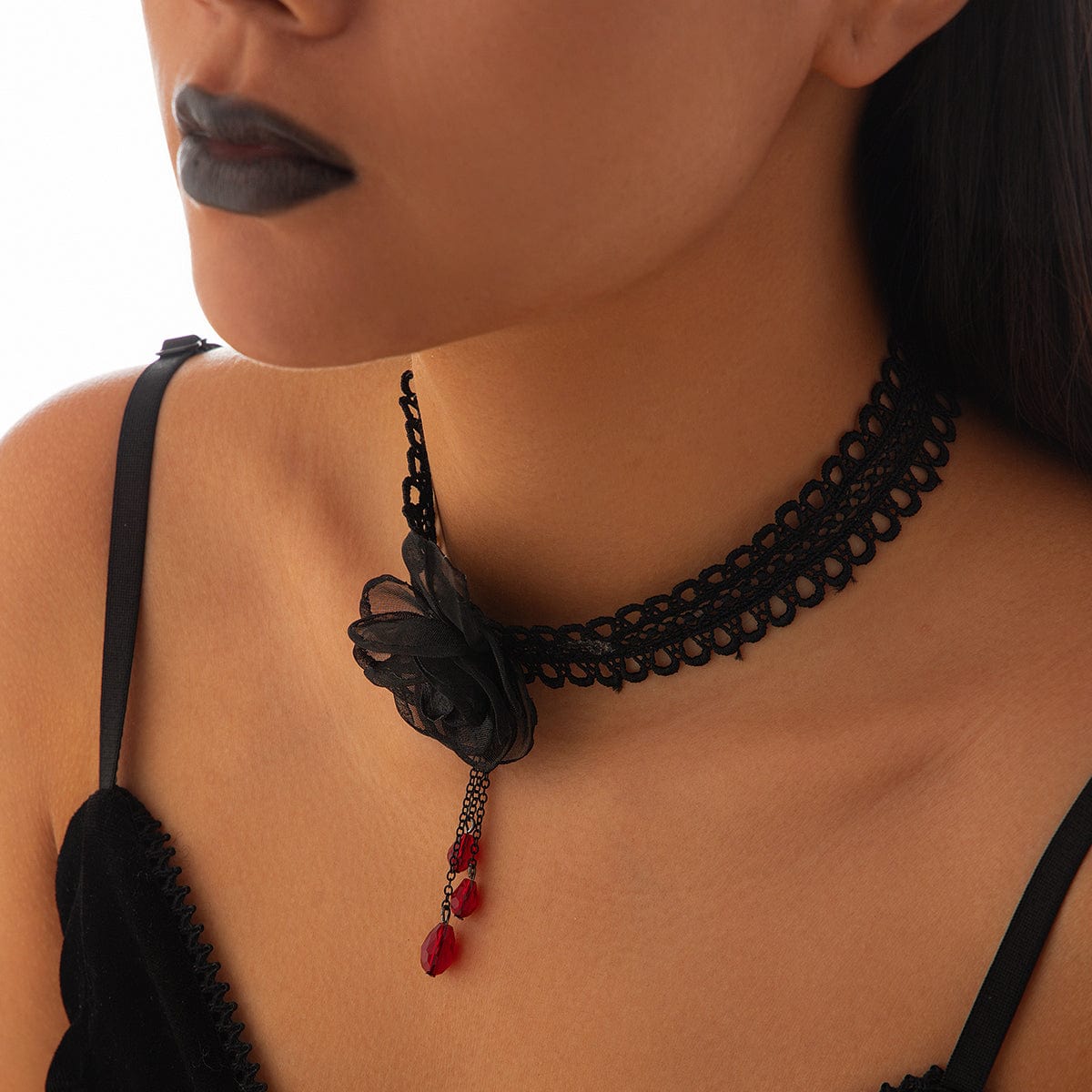 Gothic Red Crystal Tassel Rose Lace Choker Necklace