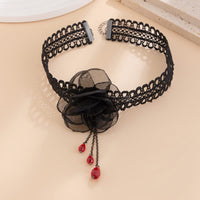 Thumbnail for Gothic Red Crystal Tassel Rose Lace Choker Necklace