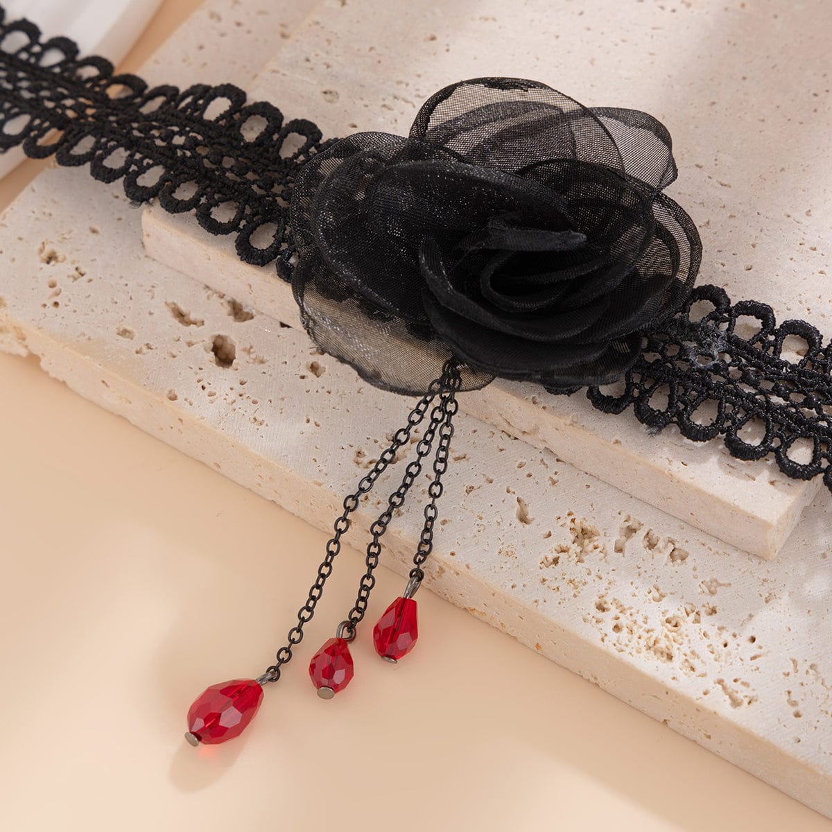 Gothic Red Crystal Tassel Rose Lace Choker Necklace