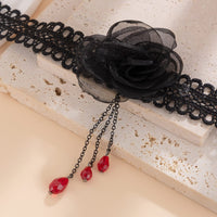 Thumbnail for Gothic Red Crystal Tassel Rose Lace Choker Necklace