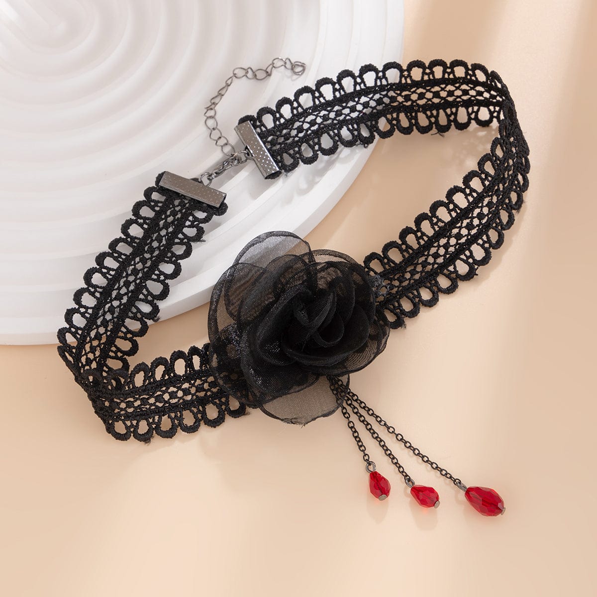 Gothic Red Crystal Tassel Rose Lace Choker Necklace