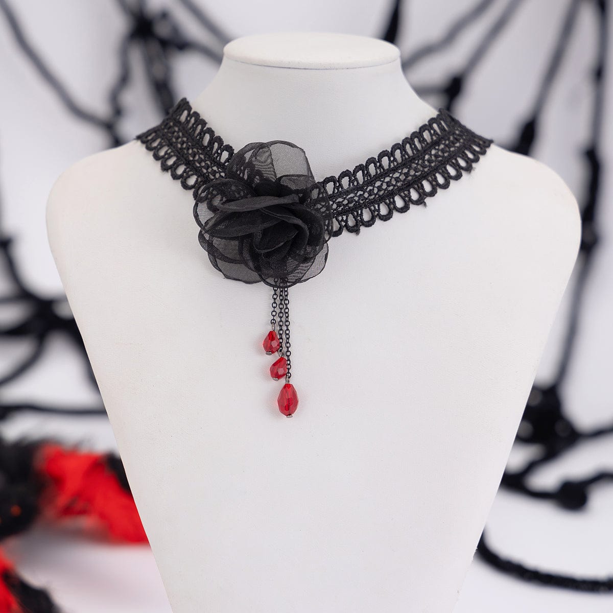 Gothic Red Crystal Tassel Rose Lace Choker Necklace