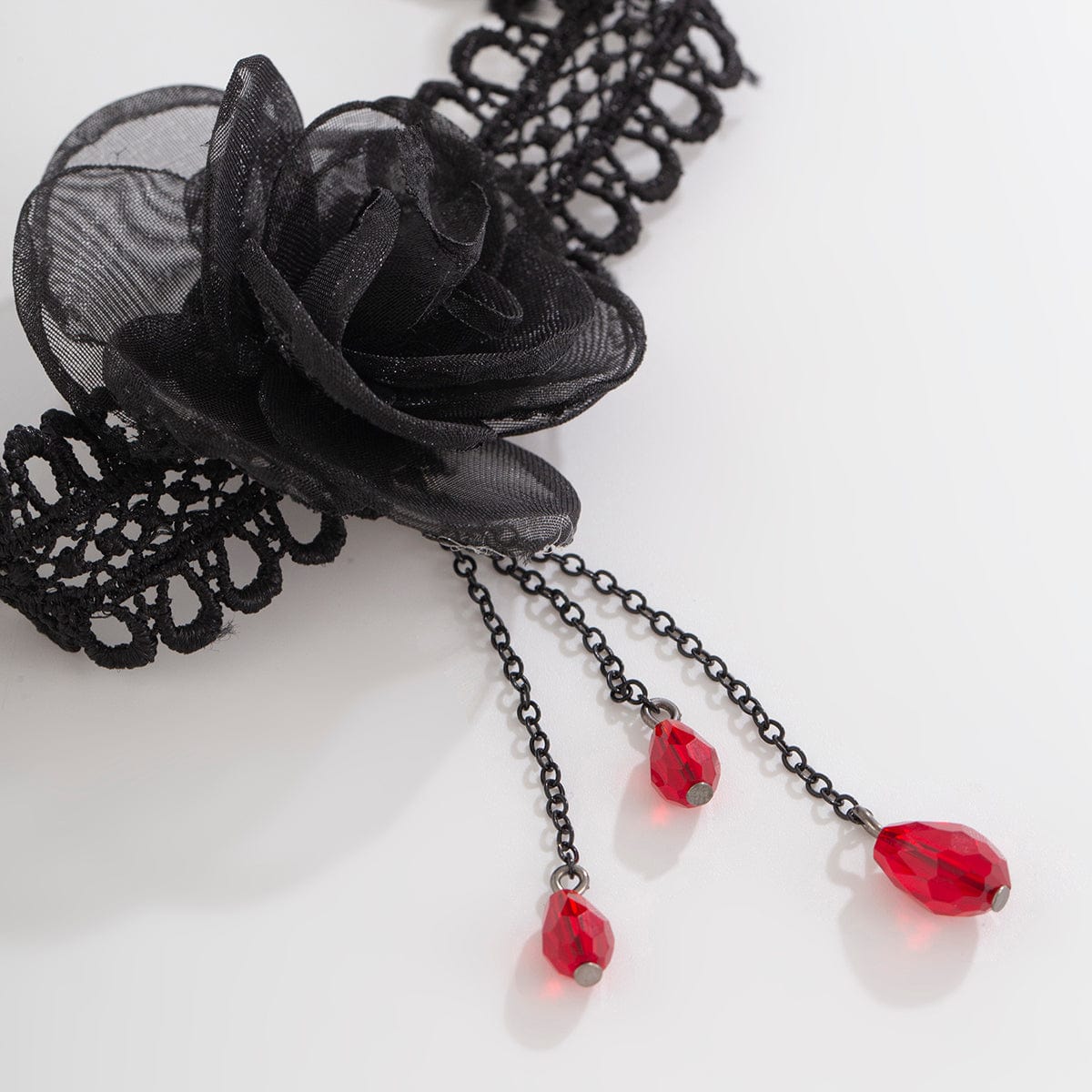 Gothic Red Crystal Tassel Rose Lace Choker Necklace