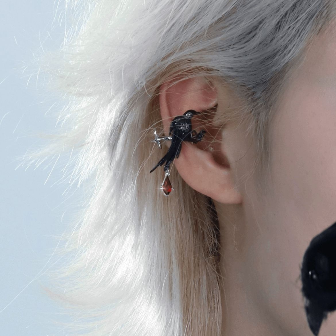 Gothic Rhinestone Dangle Crow Ear Cuff Earrings-ArtGalleryZen