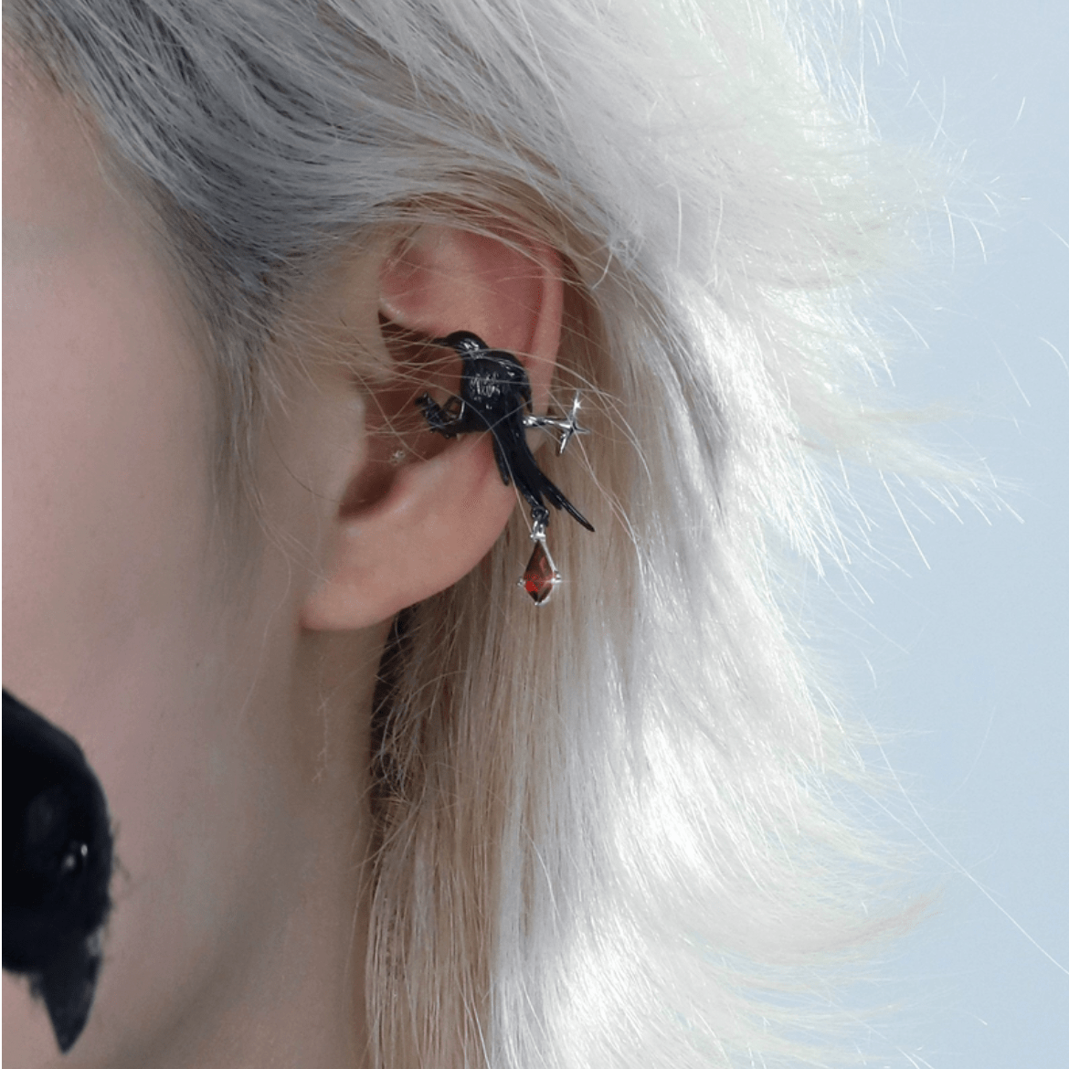 Gothic Rhinestone Dangle Crow Ear Cuff Earrings-ArtGalleryZen