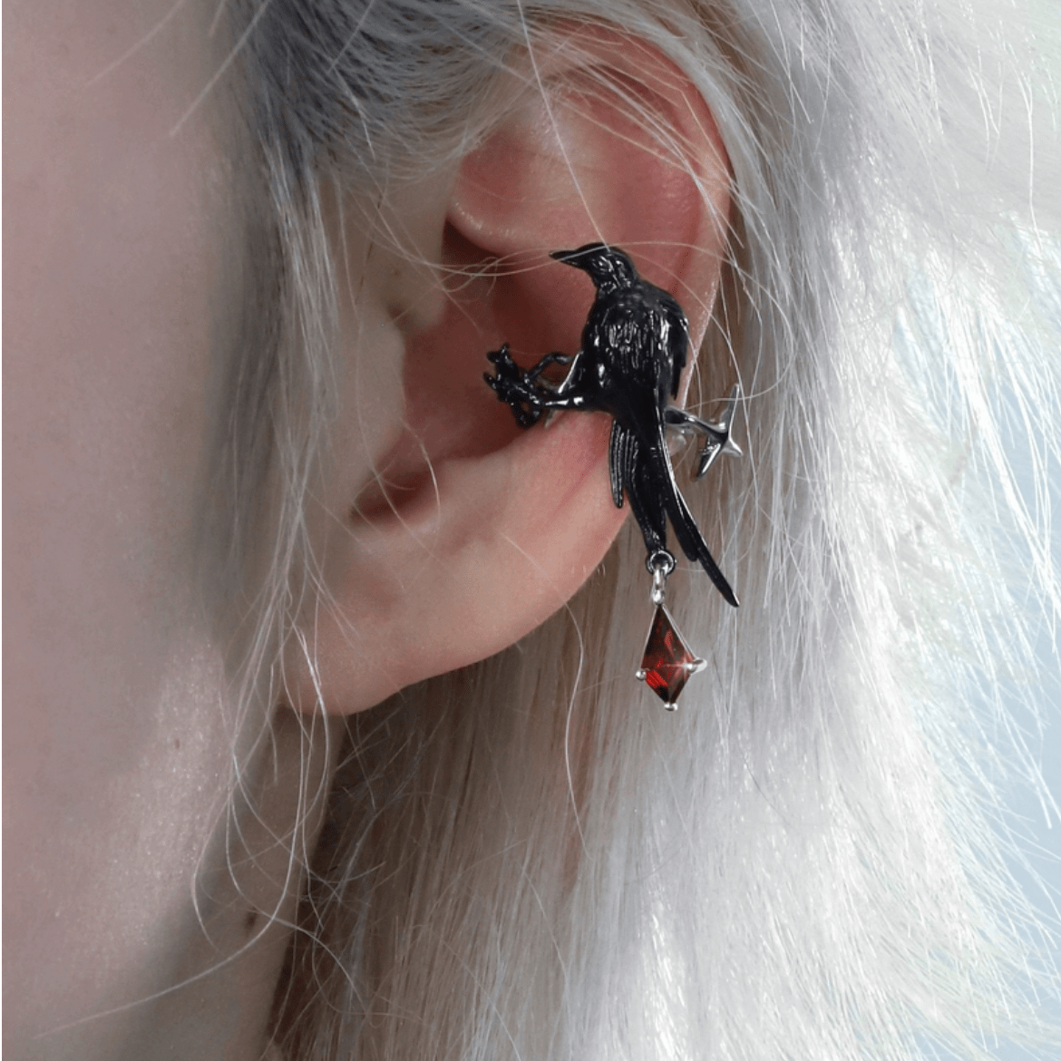 Gothic Rhinestone Dangle Crow Ear Cuff Earrings-ArtGalleryZen