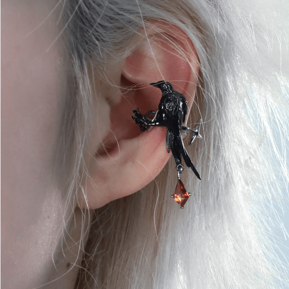 Gothic Rhinestone Dangle Crow Ear Cuff Earrings-ArtGalleryZen