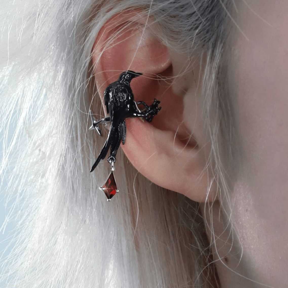 Gothic Rhinestone Dangle Crow Ear Cuff Earrings-ArtGalleryZen