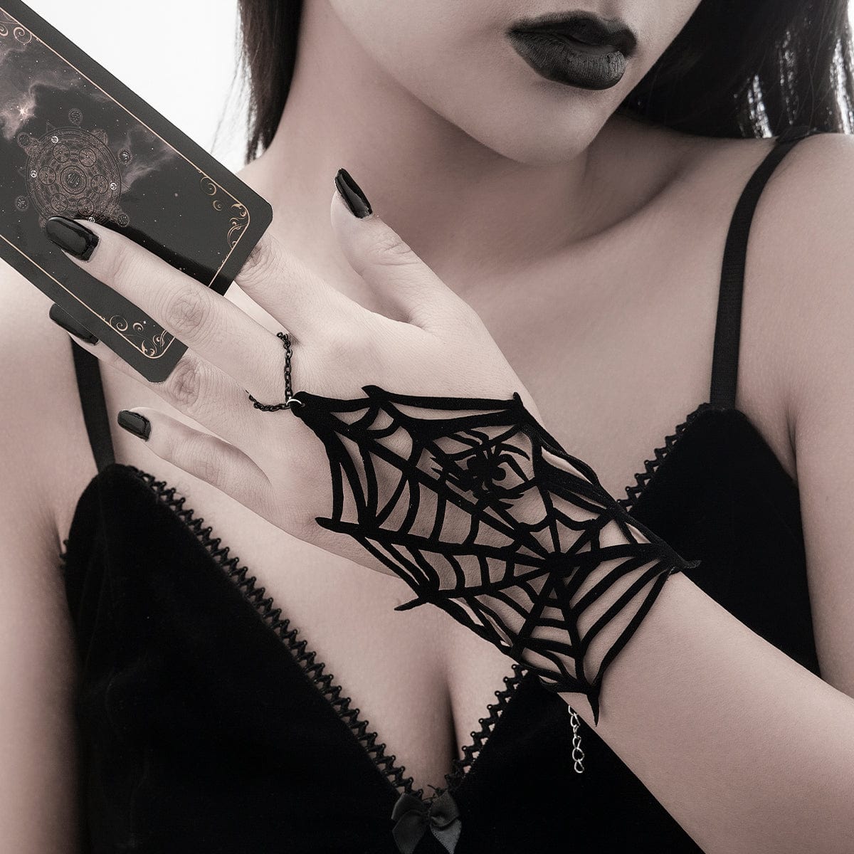 Gothic Spider Cobweb Velvet Finger Ring Bracelet