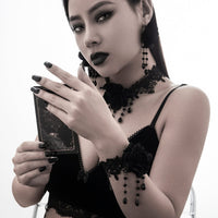 Thumbnail for Gothic Velvet Rose Crystal Tassel Lace Bracelet - ArtGalleryZen