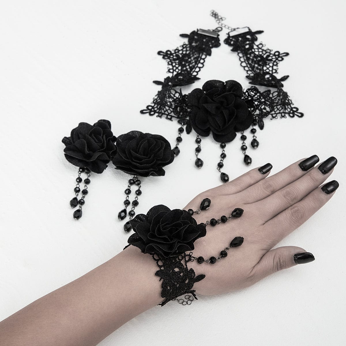 Gothic Velvet Rose Crystal Tassel Lace Bracelet